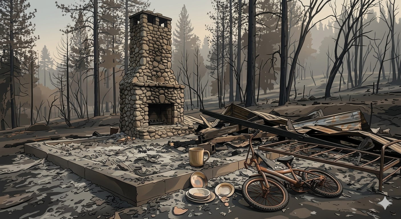 Close-up view of the residential area after the fire showing a chimney, house outline, and belongings
